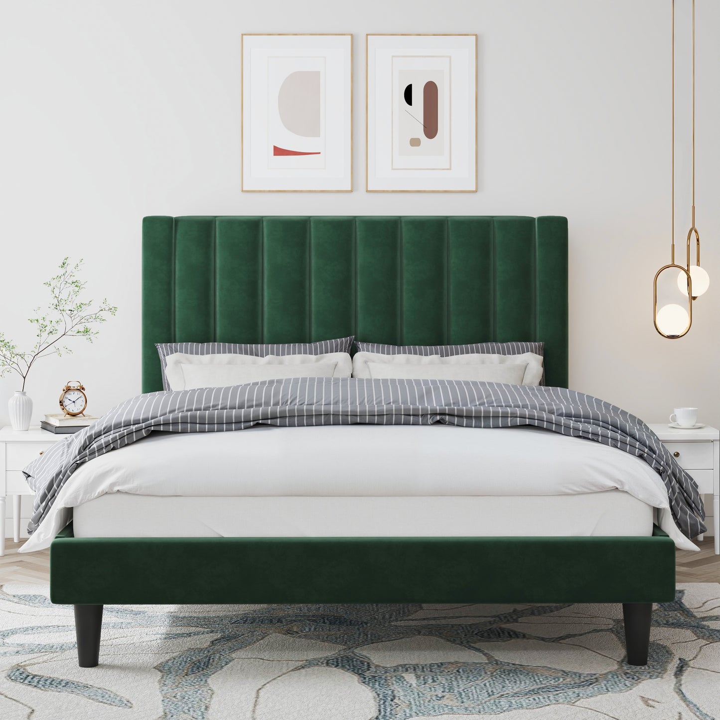Velvet Upholstered Platform Bed Frame with Headboard, Strong Wood Slats Support