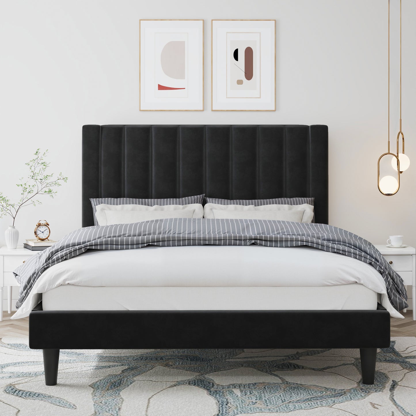 Velvet Upholstered Platform Bed Frame with Headboard, Strong Wood Slats Support
