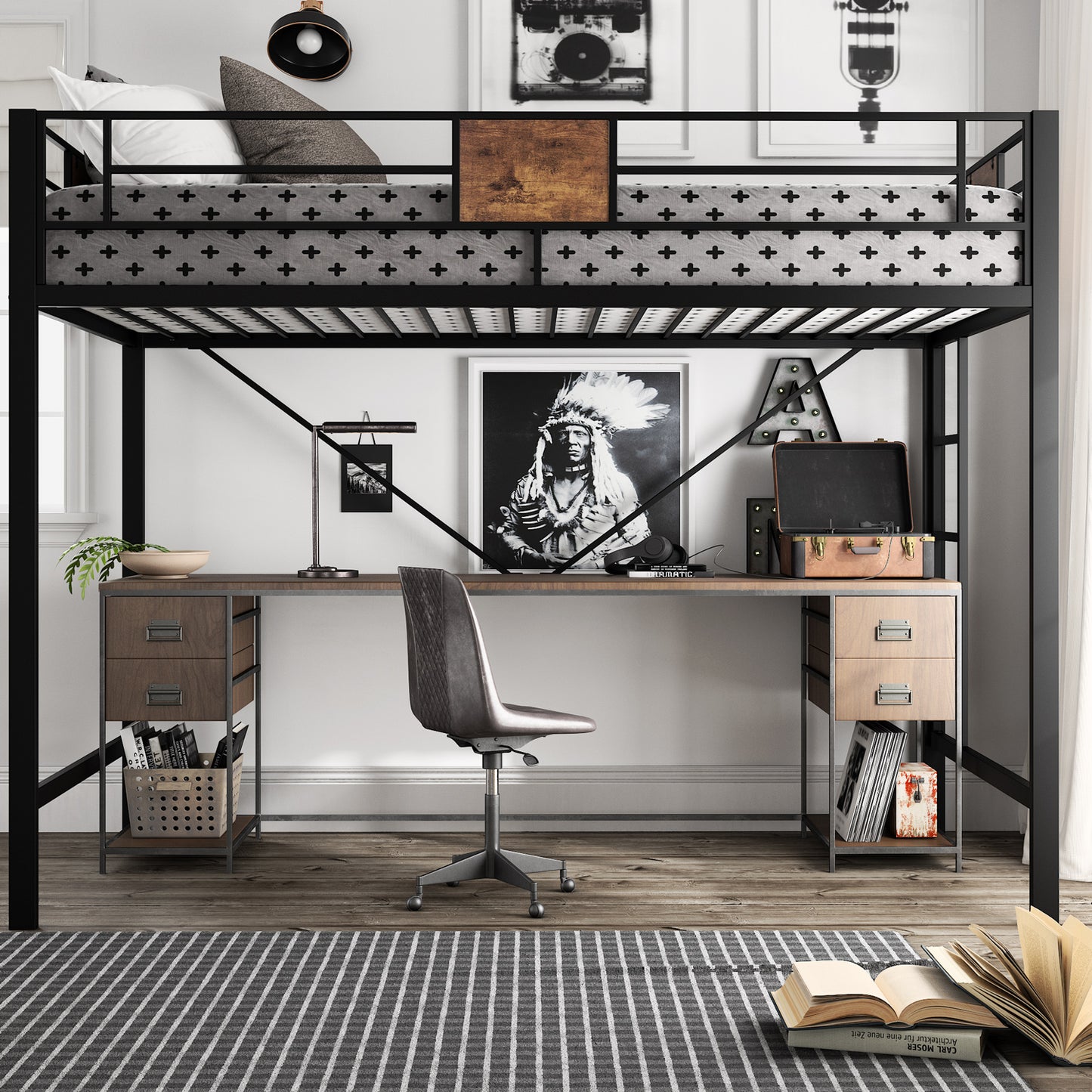 Amolife Metal Twin Size Loft Bed Frame with Stairs & Full-Length Guardrail, Black