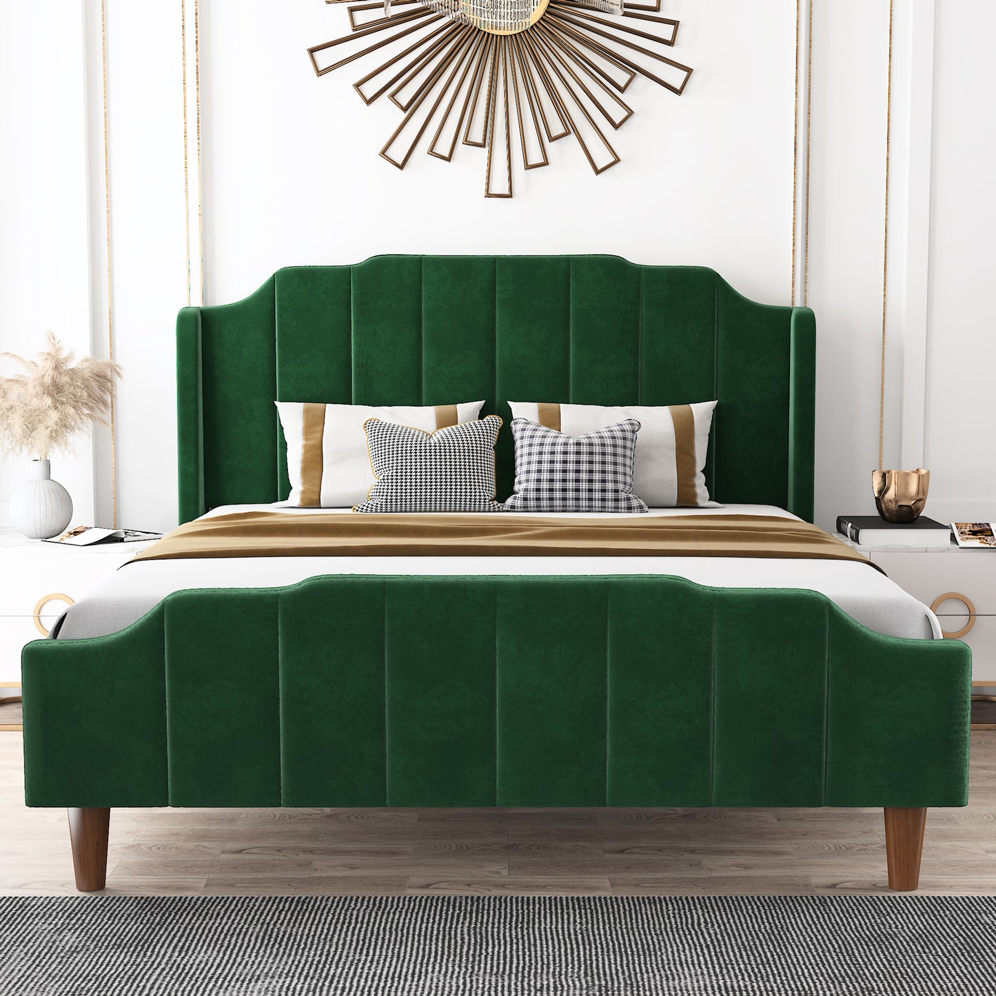Modern Curved Wood Bed Frame with Upholstered Wingback Headboard