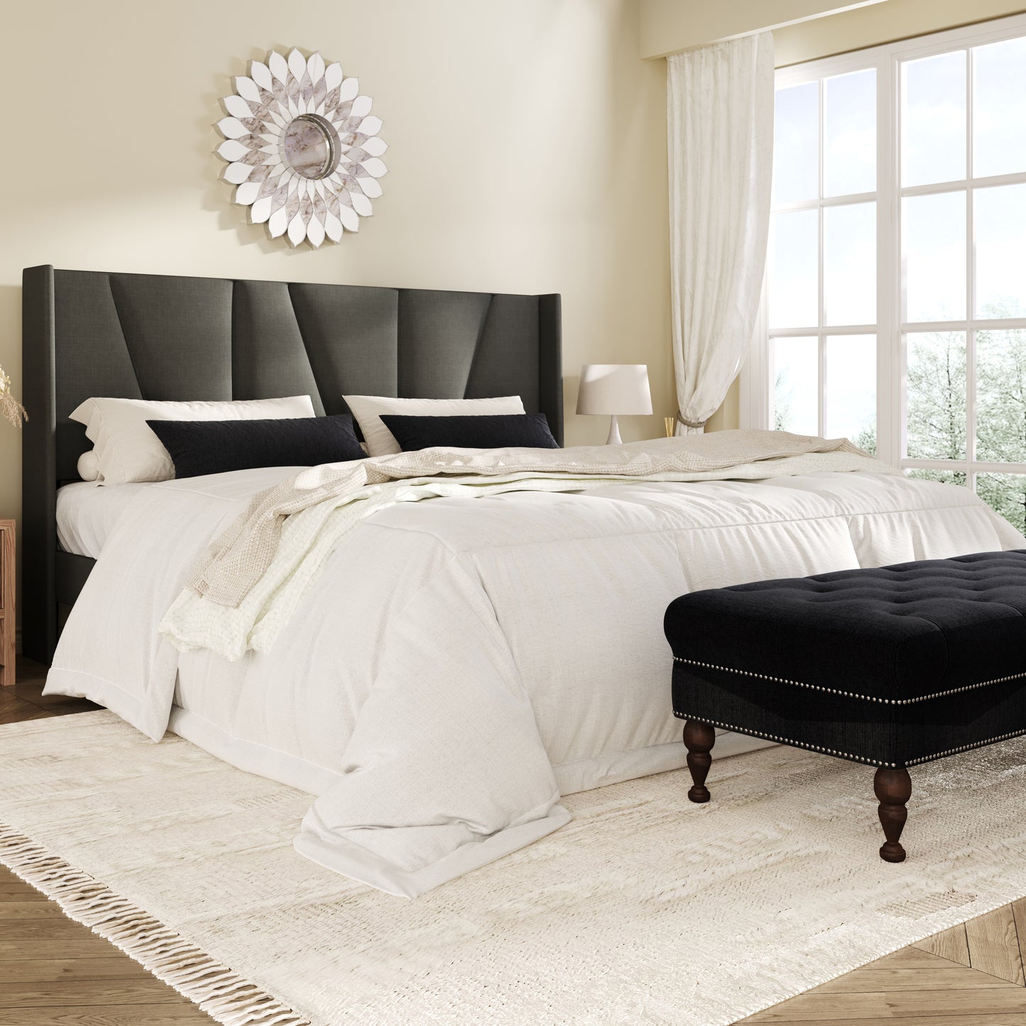 Amolife Bed Frame, Upholstered Platform Bed with Wingback and Geometric Headboard