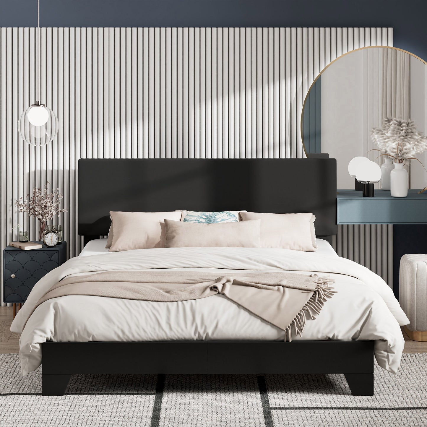 Amolife Faux Leather Platform Bed Frame with Adjustable Headboard