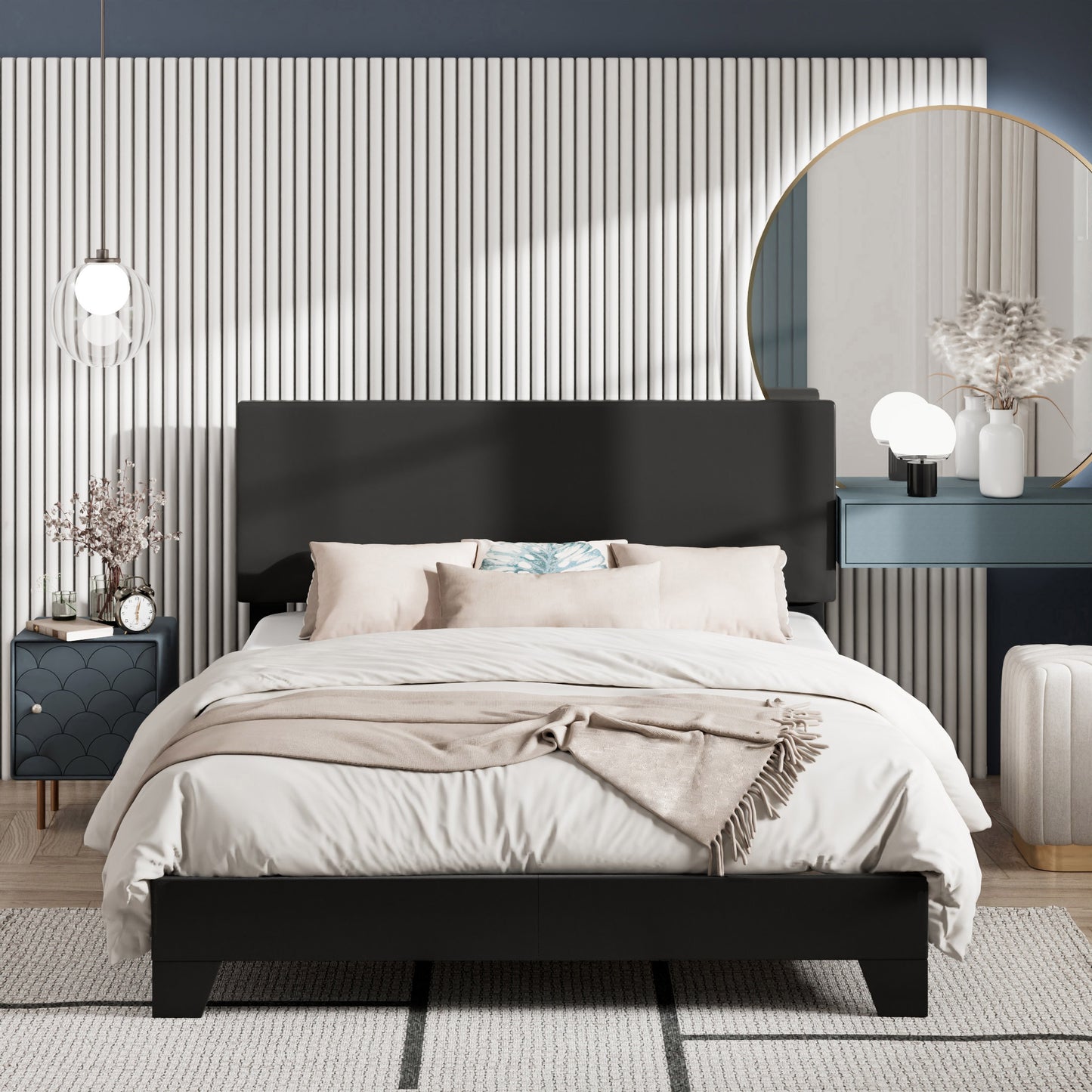 Amolife Faux Leather Platform Bed Frame with Adjustable Headboard