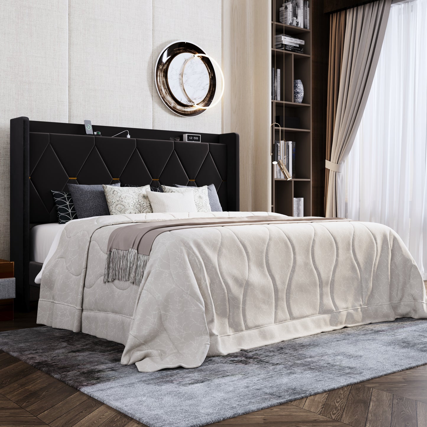 Amolife Upholstered Platform Bed Frame with Charging Station & Velvet Storage Wingback Headboard, No Box Spring Needed