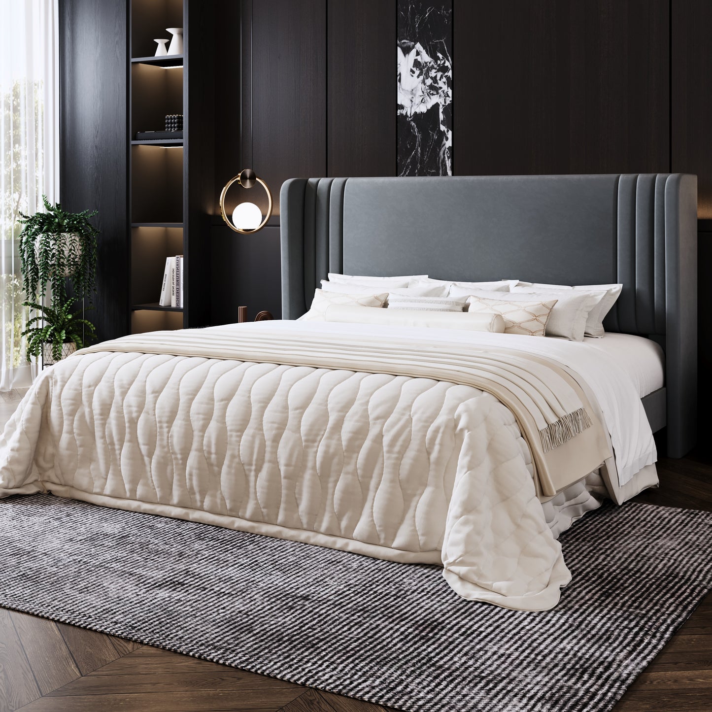 Amolife Bed Frame, Velvet Platform Bed with Upholstered Wingback Headboard