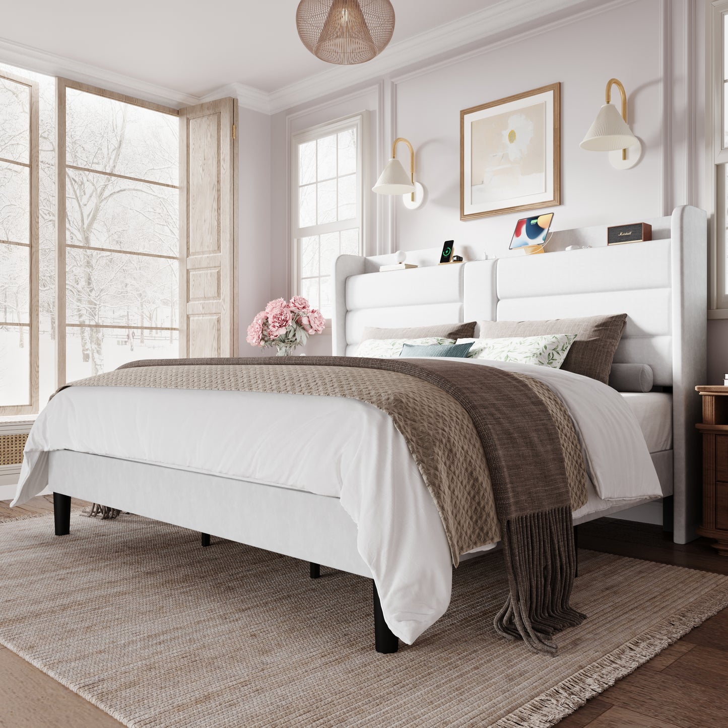 Amolife Upholstered Platform Bed Frame with Velvet Wingback Headboard & USB Charging Ports, No Box Spring Needed