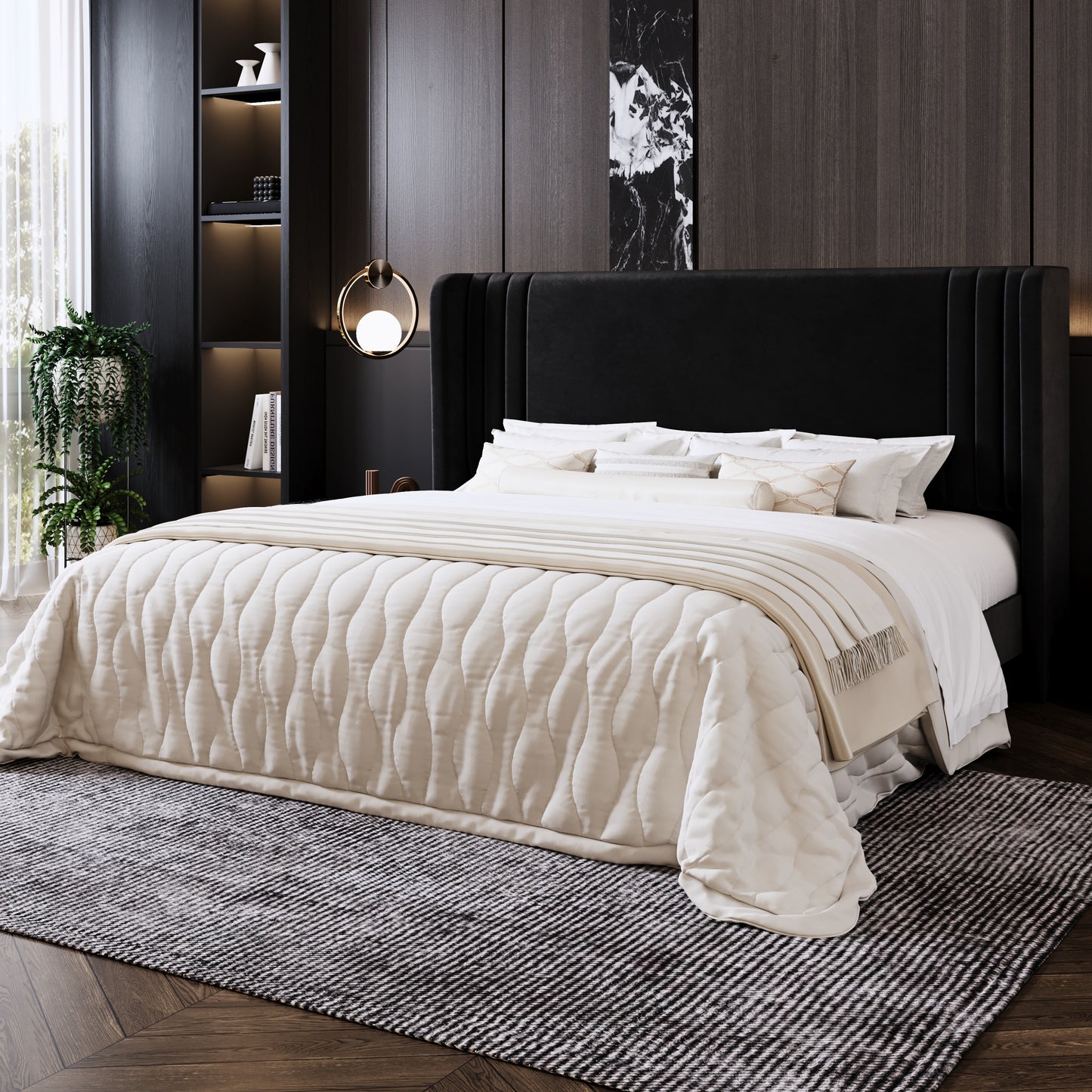 Amolife Bed Frame, Velvet Platform Bed with Upholstered Wingback Headboard