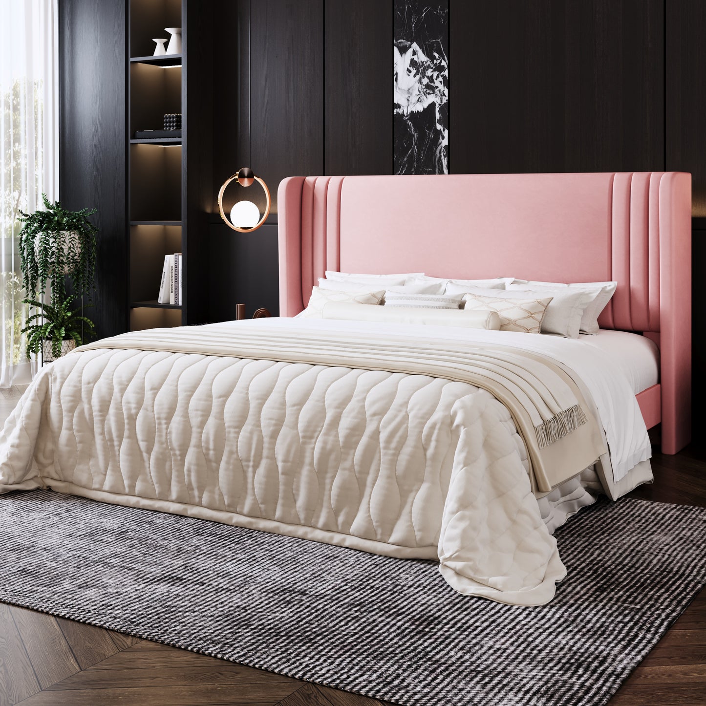 Amolife Bed Frame, Velvet Platform Bed with Upholstered Wingback Headboard