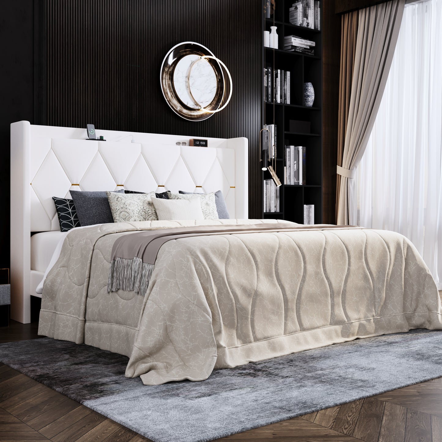 Amolife Upholstered Platform Bed Frame with Charging Station & Velvet Storage Wingback Headboard, No Box Spring Needed
