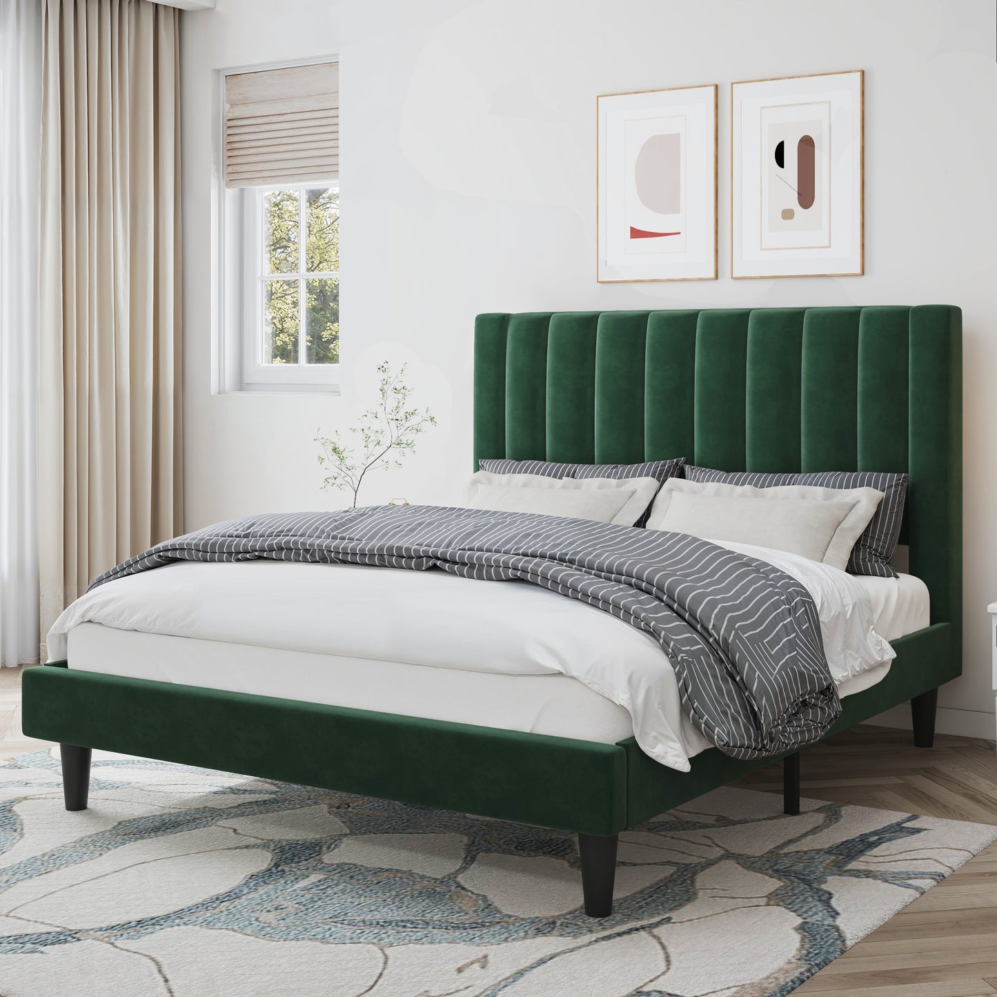 Velvet Upholstered Platform Bed Frame with Headboard, Strong Wood Slats Support
