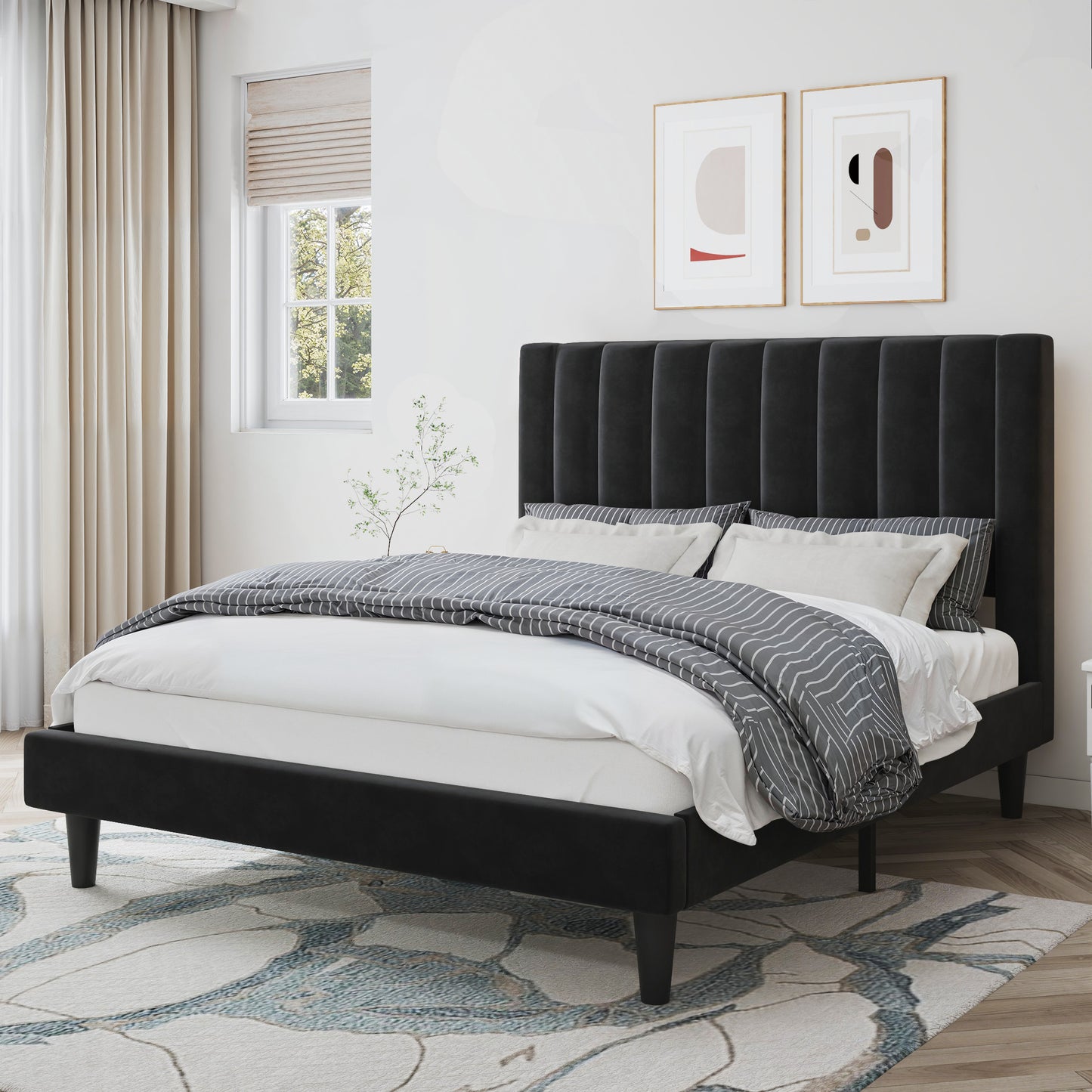 Velvet Upholstered Platform Bed Frame with Headboard, Strong Wood Slats Support