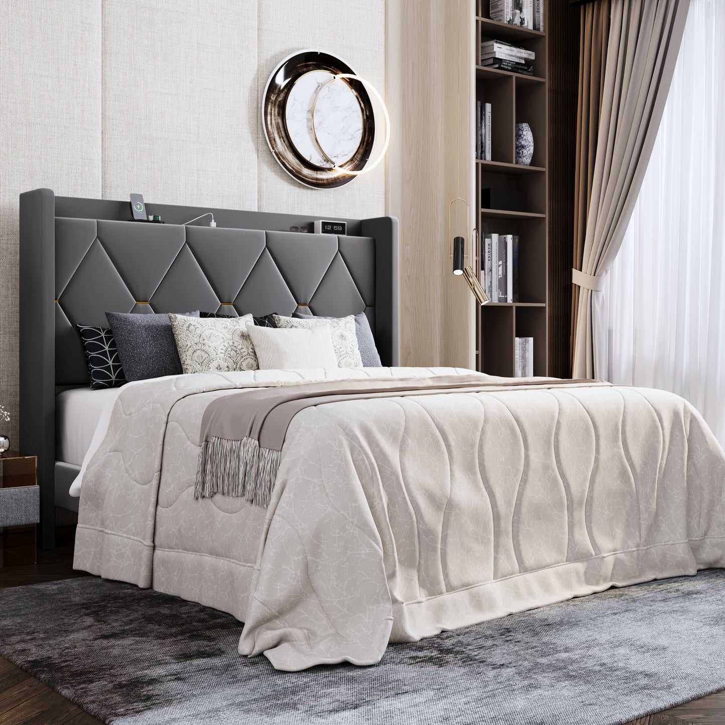 Amolife Upholstered Platform Bed Frame with Charging Station & Velvet Storage Wingback Headboard, No Box Spring Needed