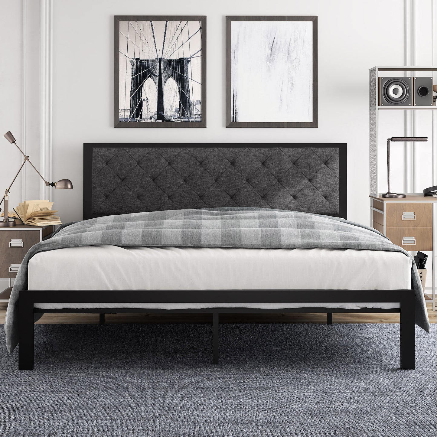 Metal Bed Frame with Headboard, Strong Steel Slats Support