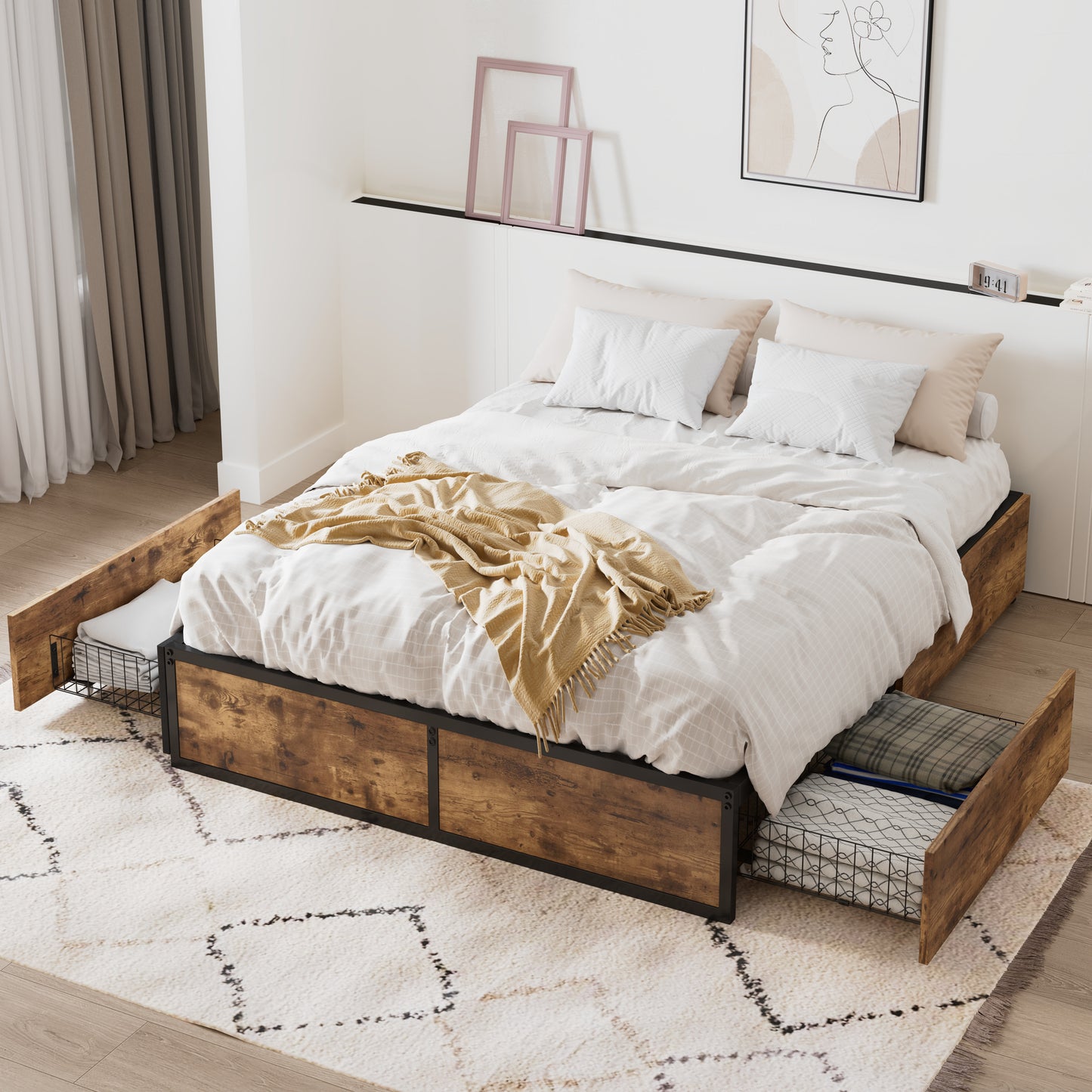 Amolife Platform Bed Frame with 2 Lockable Storage Drawers and Metal Slats