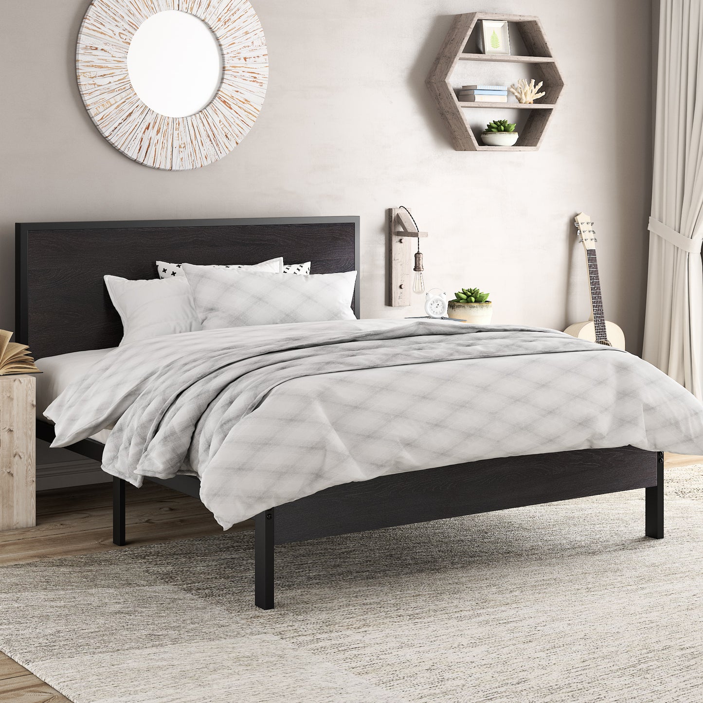 Heavy Duty Platform Bed Frame with Wood Headboard, 12 Under Bed Storage, Noise Free