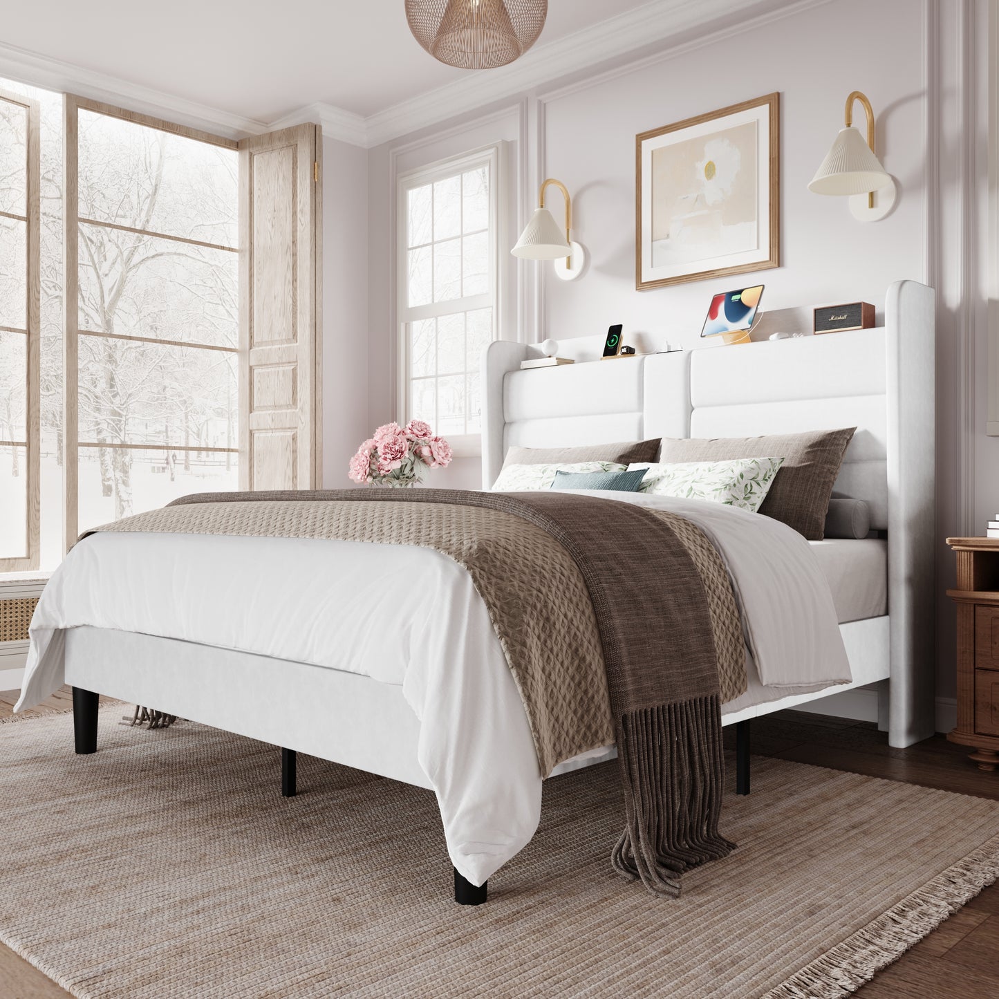 Amolife Upholstered Platform Bed Frame with Velvet Wingback Headboard & USB Charging Ports, No Box Spring Needed