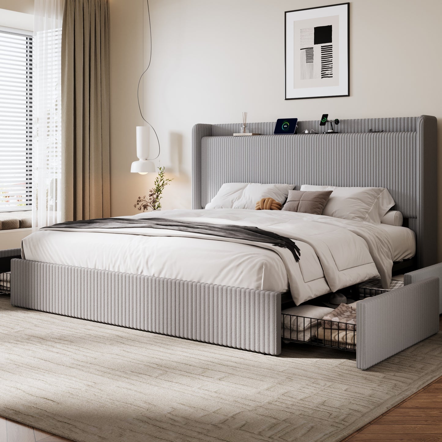 Amolife Bed Frame, Corduroy Upholstered Storage Bed with Wingback Headboard, 4 Storage Drawers, USB Ports Charging Station