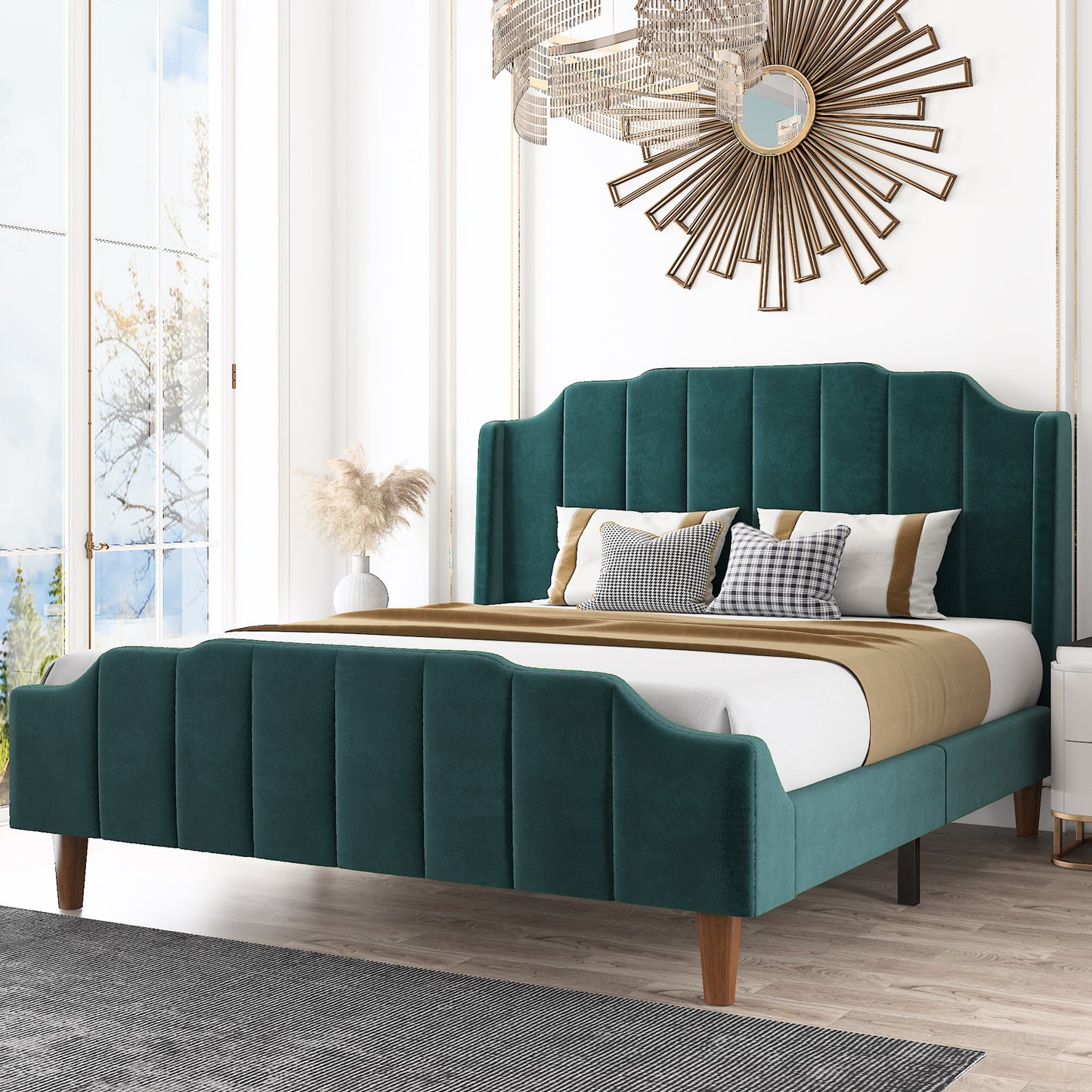 Modern Curved Wood Bed Frame with Upholstered Wingback Headboard