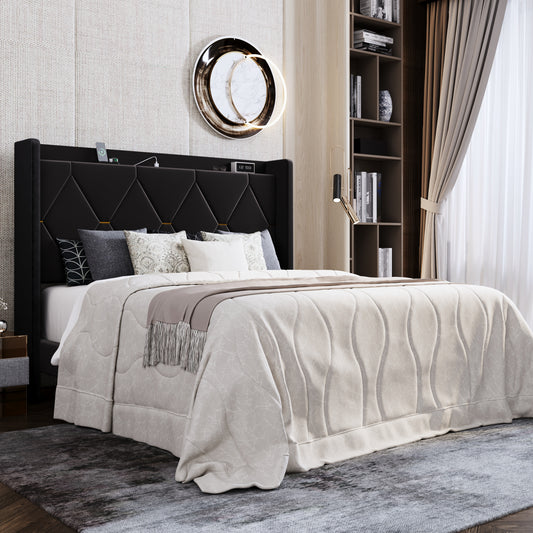 Amolife Upholstered Platform Bed Frame with Charging Station & Velvet Storage Wingback Headboard, No Box Spring Needed