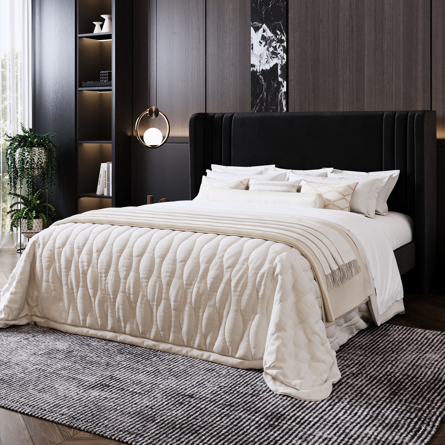 Amolife Bed Frame, Velvet Platform Bed with Upholstered Wingback Headboard