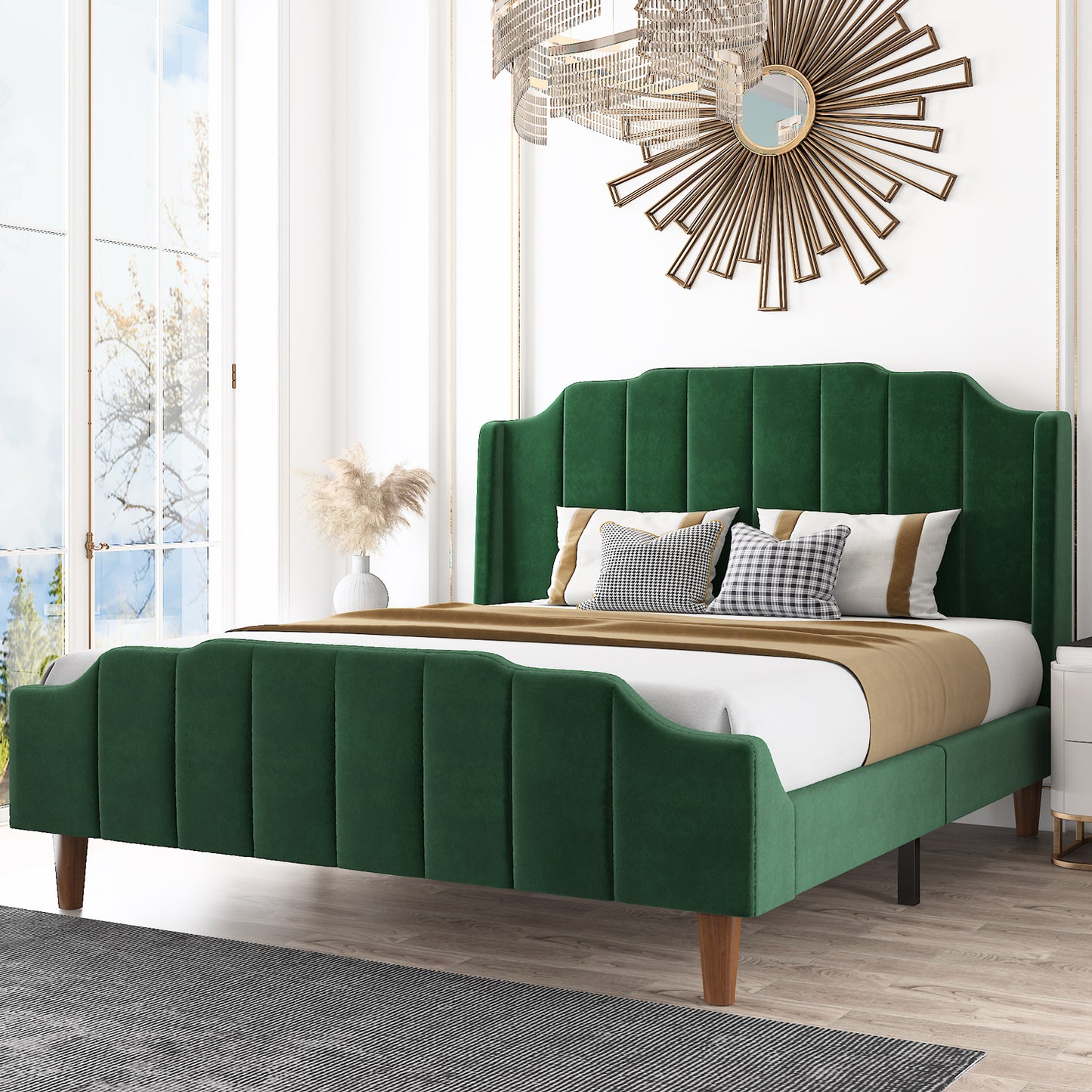 Modern Curved Wood Bed Frame with Upholstered Wingback Headboard