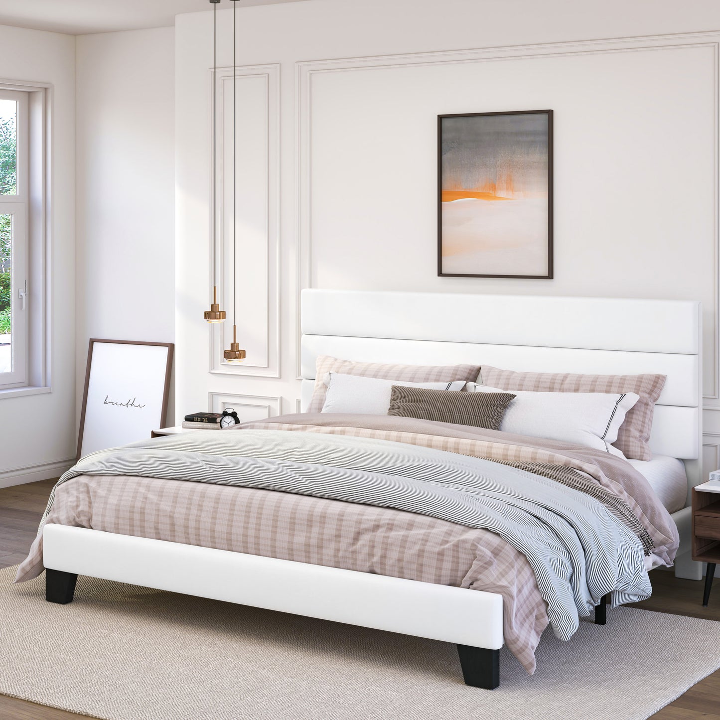 Amolife Platform Bed Frame with Upholstered Velvet Headboard, No Box Spring Needed, Easy Assembly, White
