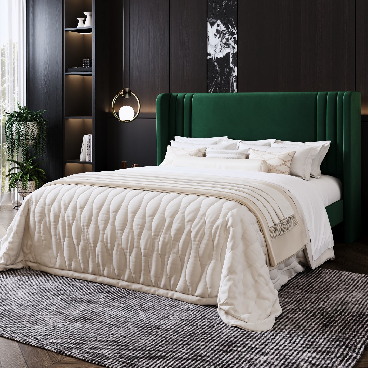Amolife Bed Frame, Velvet Platform Bed with Upholstered Wingback Headboard