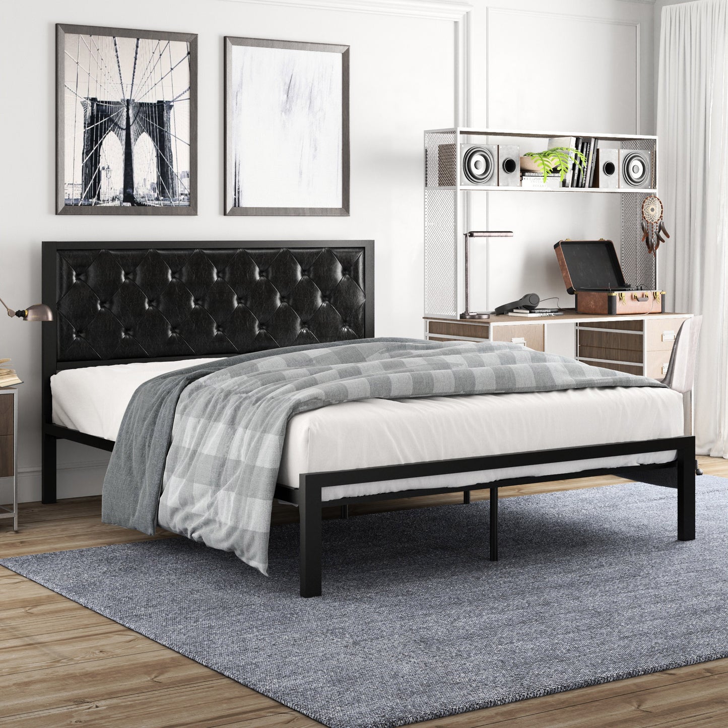 Metal Bed Frame with Headboard, Strong Steel Slats Support