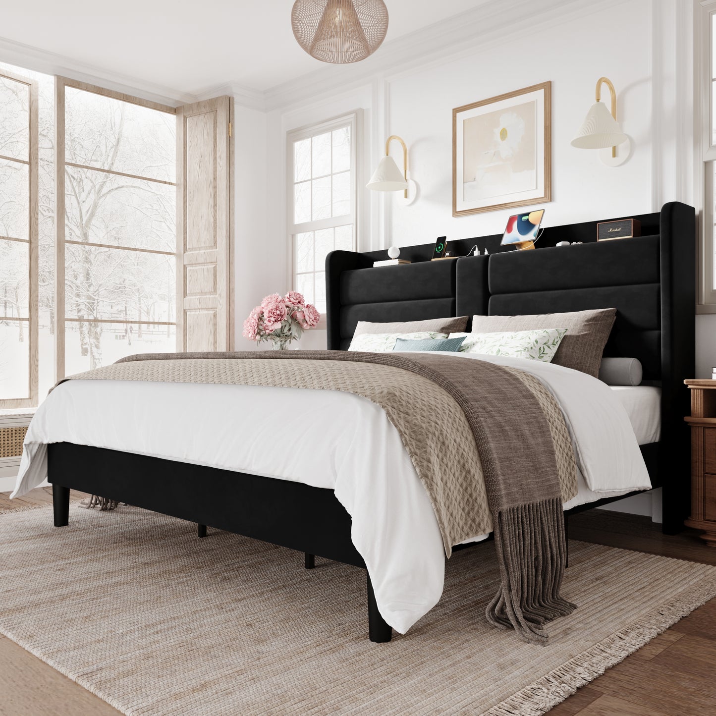 Amolife Upholstered Platform Bed Frame with Velvet Wingback Headboard & USB Charging Ports, No Box Spring Needed