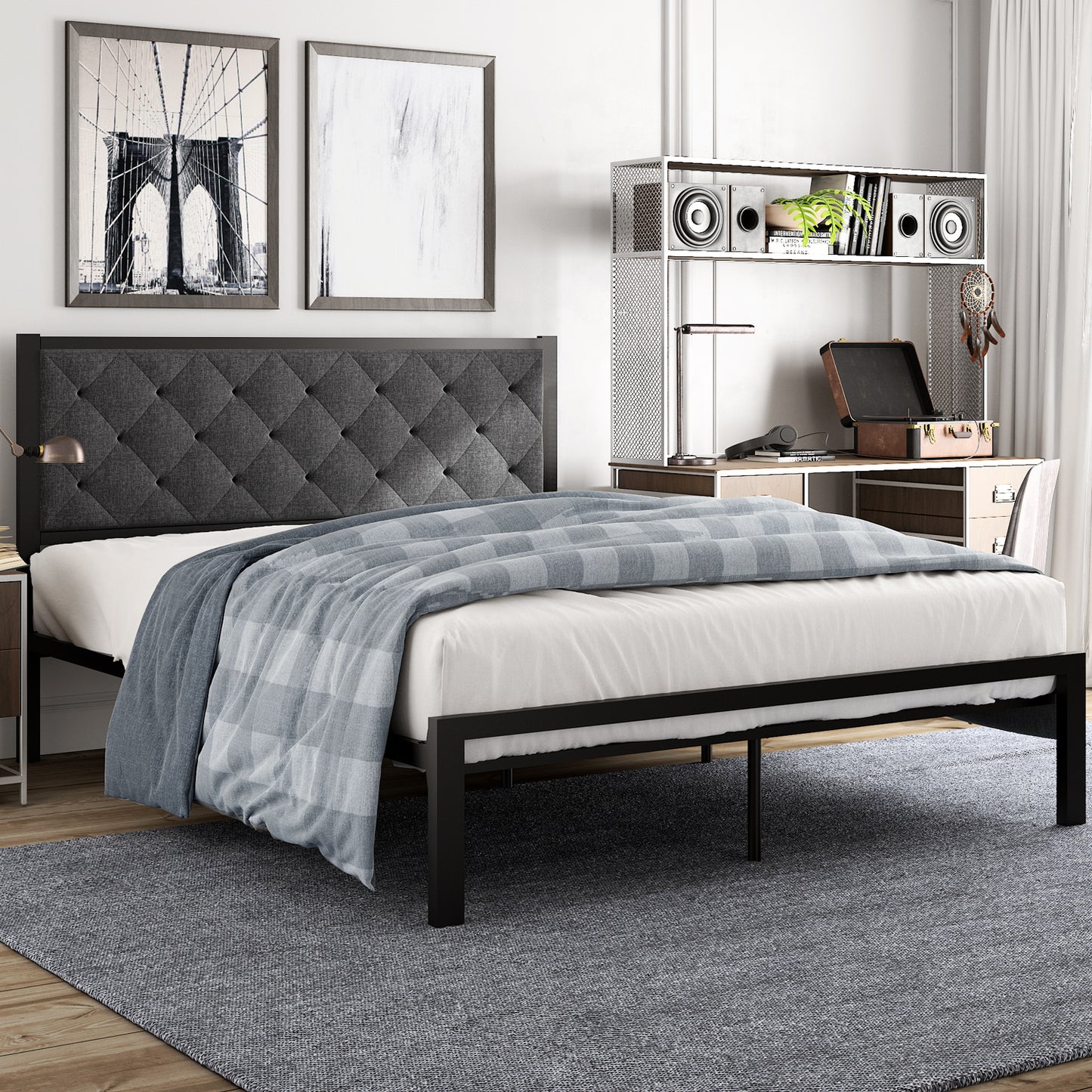 Amolife Metal Bed Frame with Faux Leather Upholstered Headboard