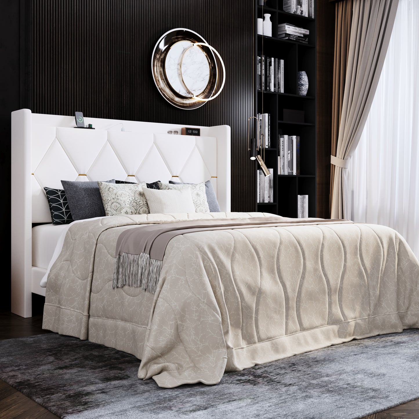 Amolife Upholstered Platform Bed Frame with Charging Station & Velvet Storage Wingback Headboard, No Box Spring Needed