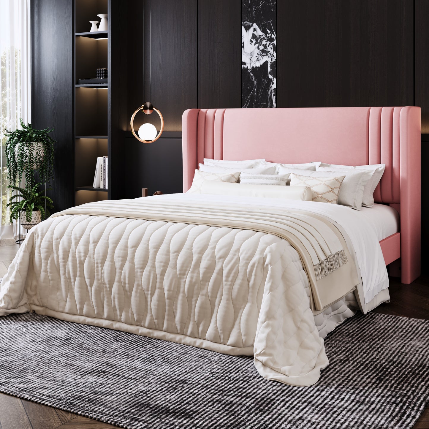 Amolife Bed Frame, Velvet Platform Bed with Upholstered Wingback Headboard