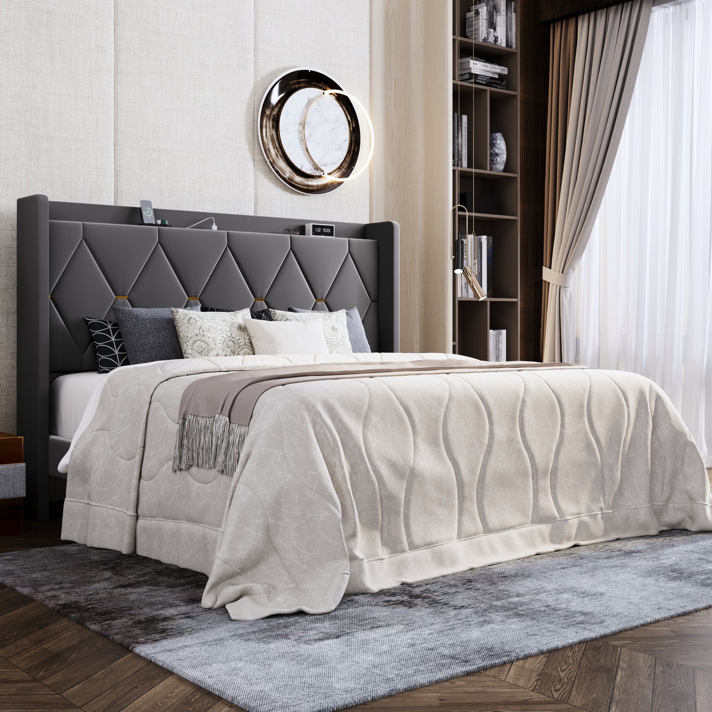 Amolife Upholstered Platform Bed Frame with Charging Station & Velvet Storage Wingback Headboard, No Box Spring Needed