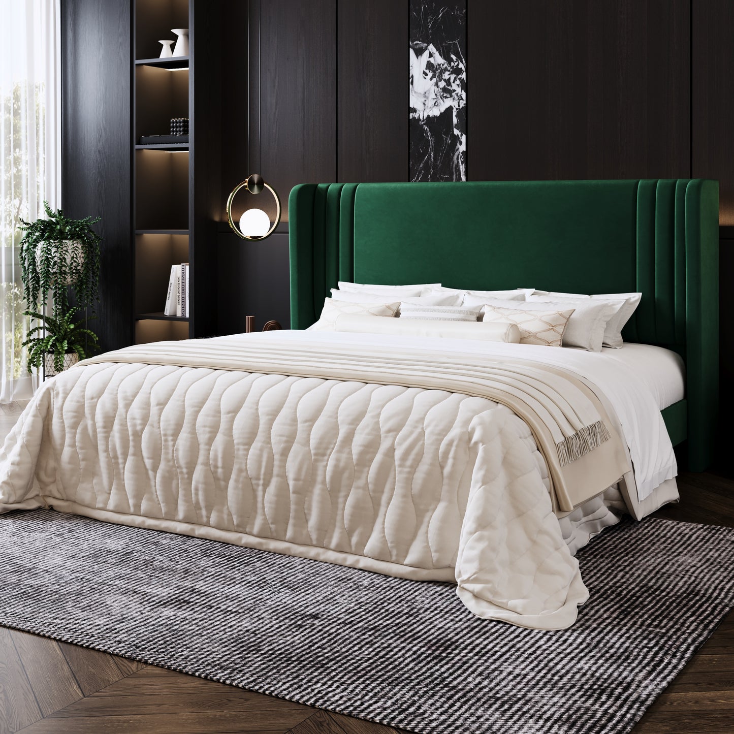 Amolife Bed Frame, Velvet Platform Bed with Upholstered Wingback Headboard
