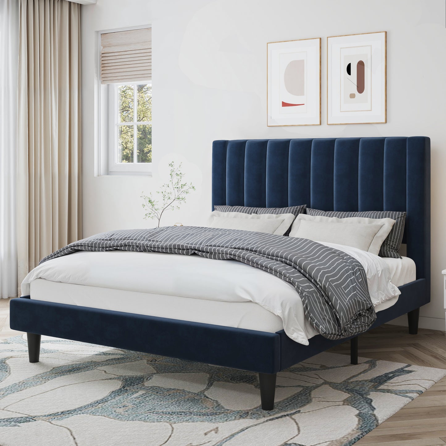 Velvet Upholstered Platform Bed Frame with Headboard, Strong Wood Slats Support