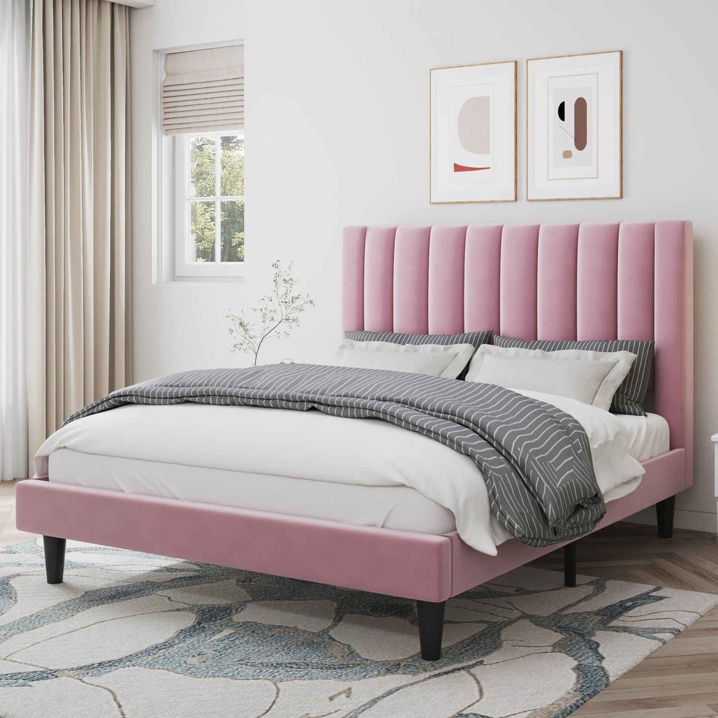 Velvet Upholstered Platform Bed Frame with Headboard, Strong Wood Slats Support