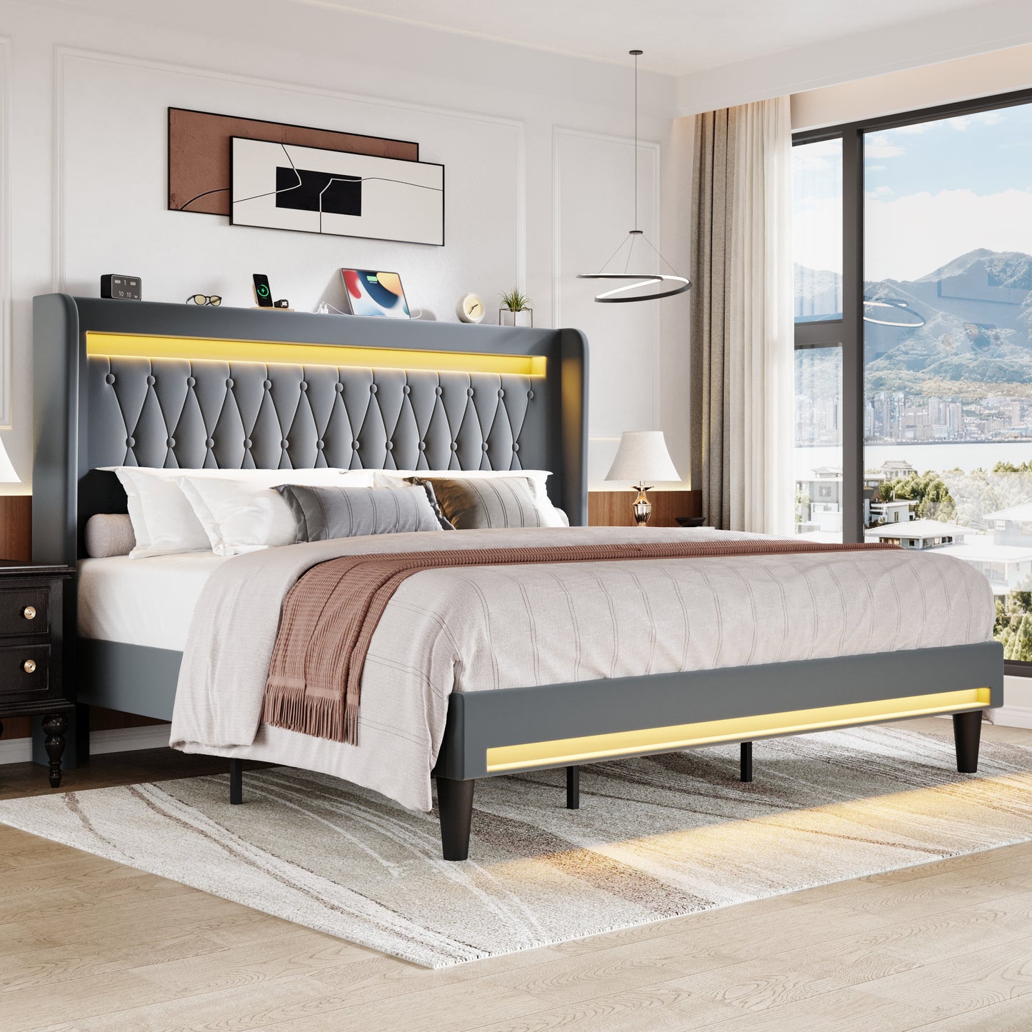 Amolife Bed Frame, Upholstered Velvet Platfrom Bed with Charging Station, High Wingback Headboard & 2 LED Lights, No Box Spring Needed