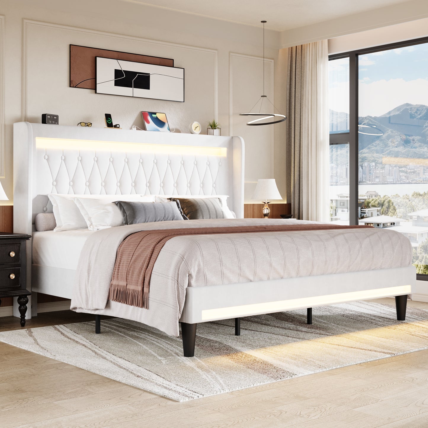 Amolife Bed Frame, Upholstered Velvet Platfrom Bed with Charging Station, High Wingback Headboard & 2 LED Lights, No Box Spring Needed