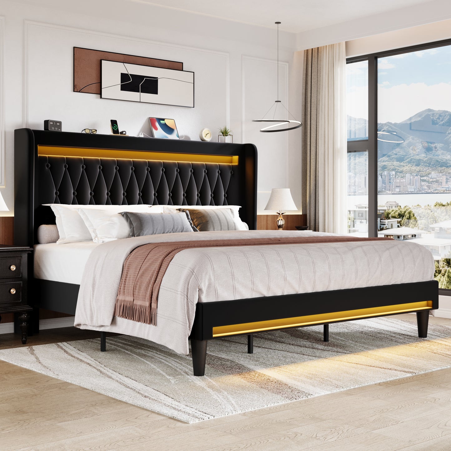 Amolife Bed Frame, Upholstered Velvet Platfrom Bed with Charging Station, High Wingback Headboard & 2 LED Lights, No Box Spring Needed