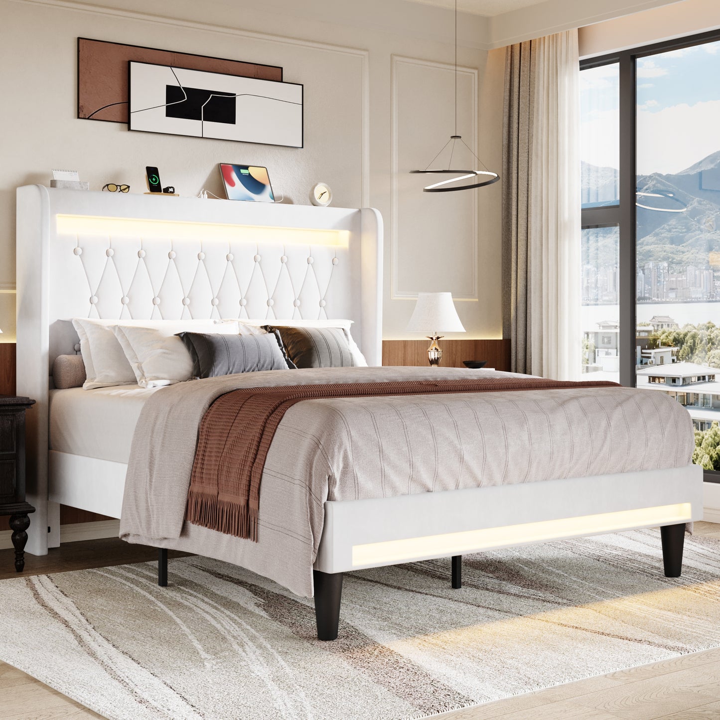 Amolife Bed Frame, Upholstered Velvet Platfrom Bed with Charging Station, High Wingback Headboard & 2 LED Lights, No Box Spring Needed