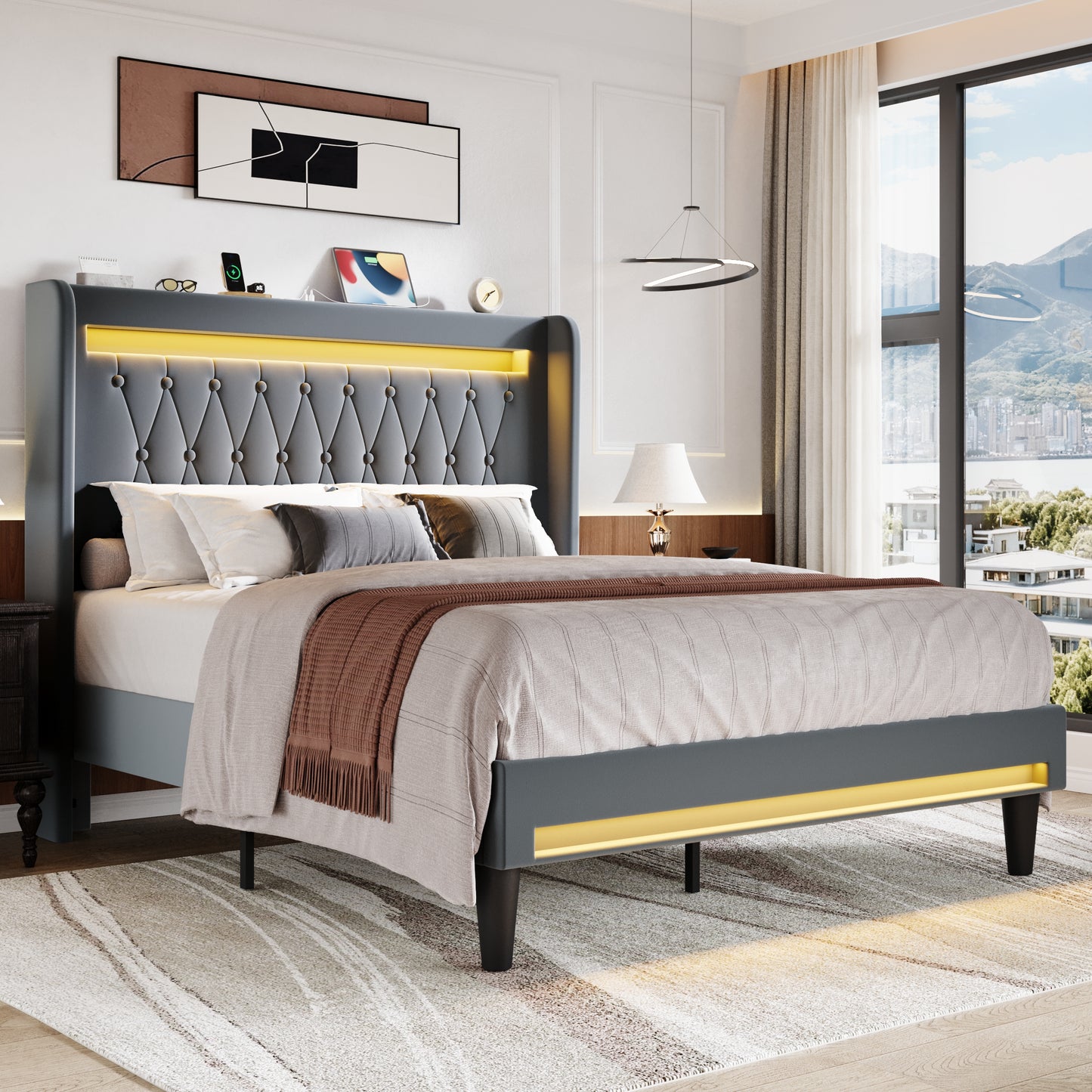 Amolife Bed Frame, Upholstered Velvet Platfrom Bed with Charging Station, High Wingback Headboard & 2 LED Lights, No Box Spring Needed
