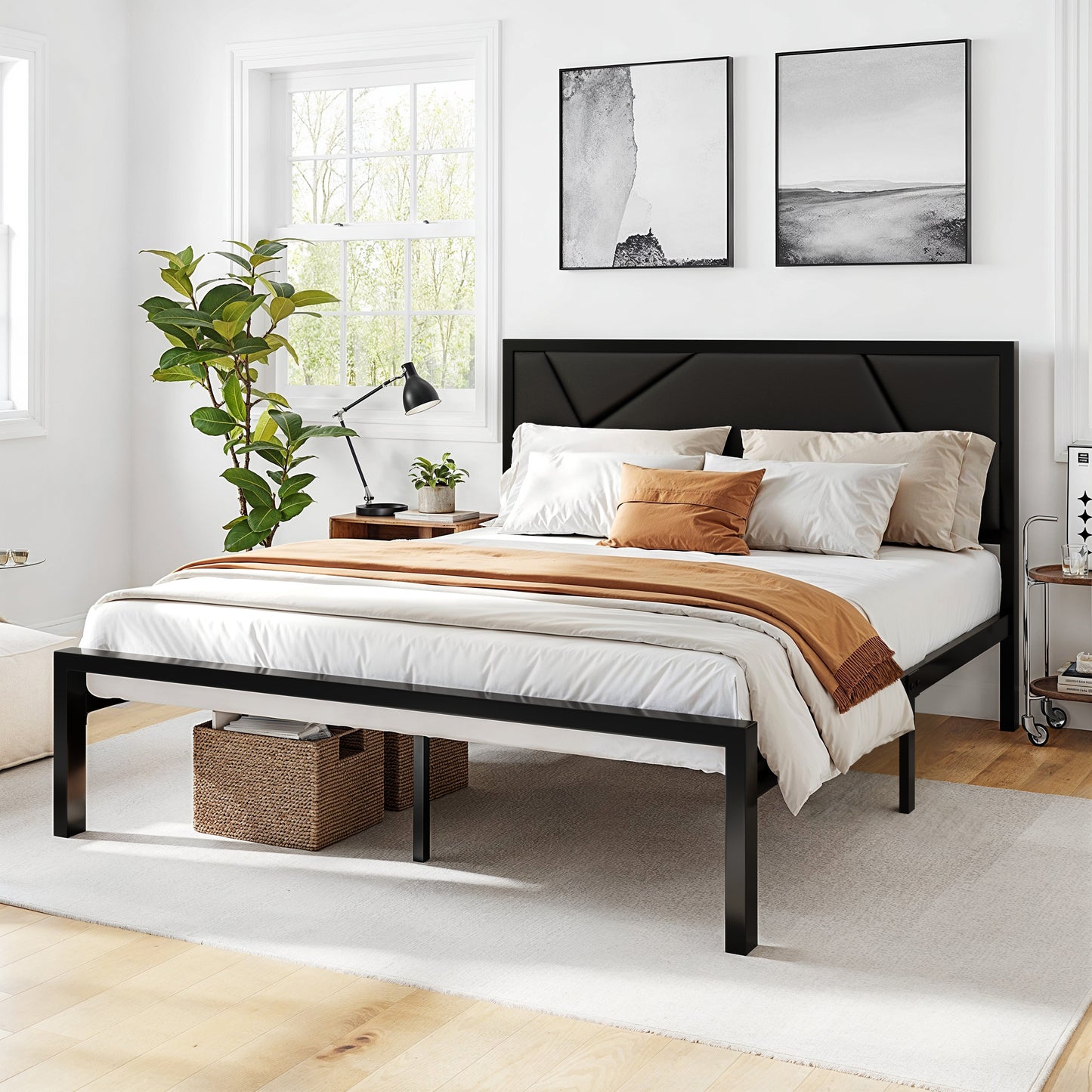 Modern Metal Bed Frame with Geometric Litchi Grain Leather Headboard
