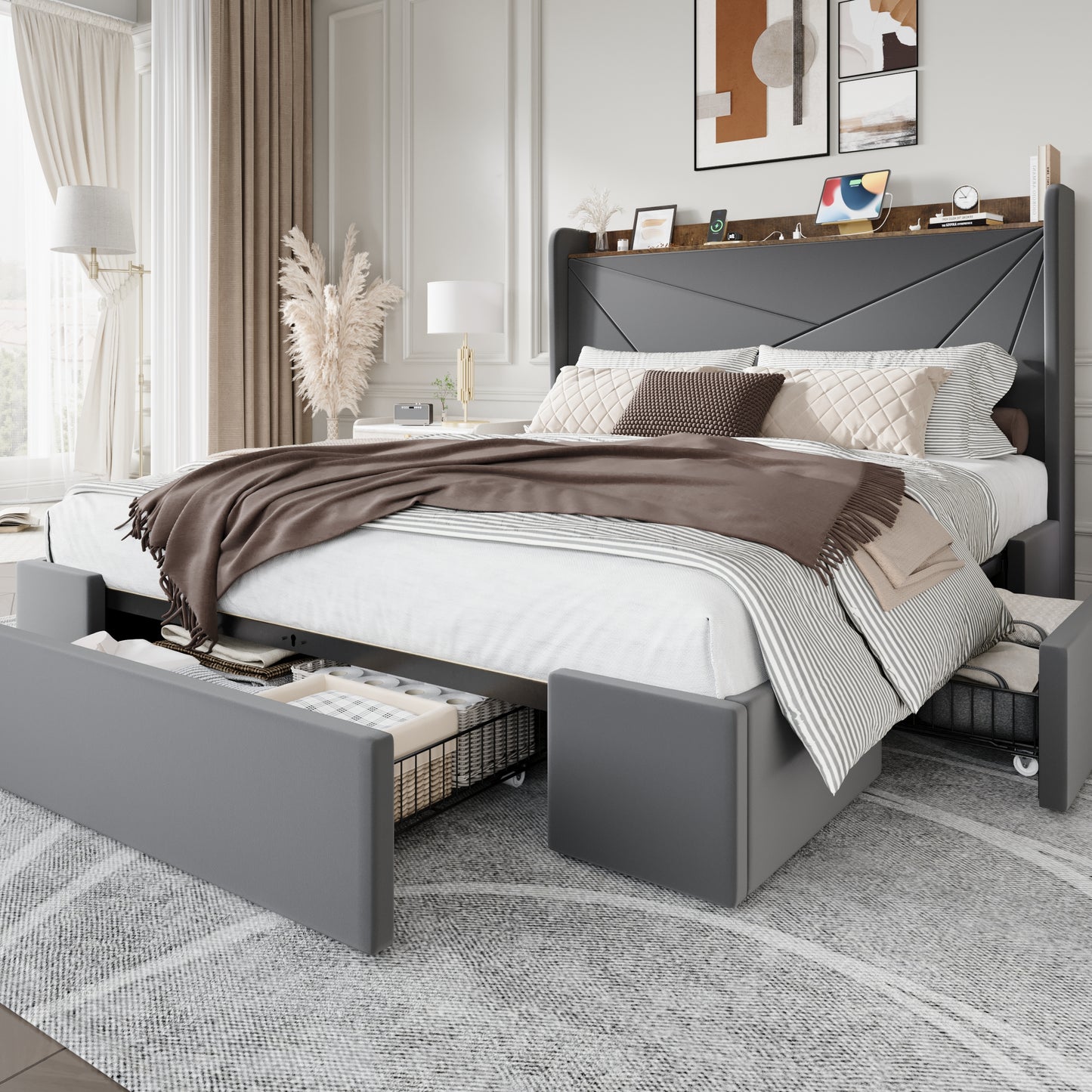 Amolife Storage Bed Frame with 3 Drawers, Velvet Platform Bed with Charging Station & Upholstered Wingback Headboard