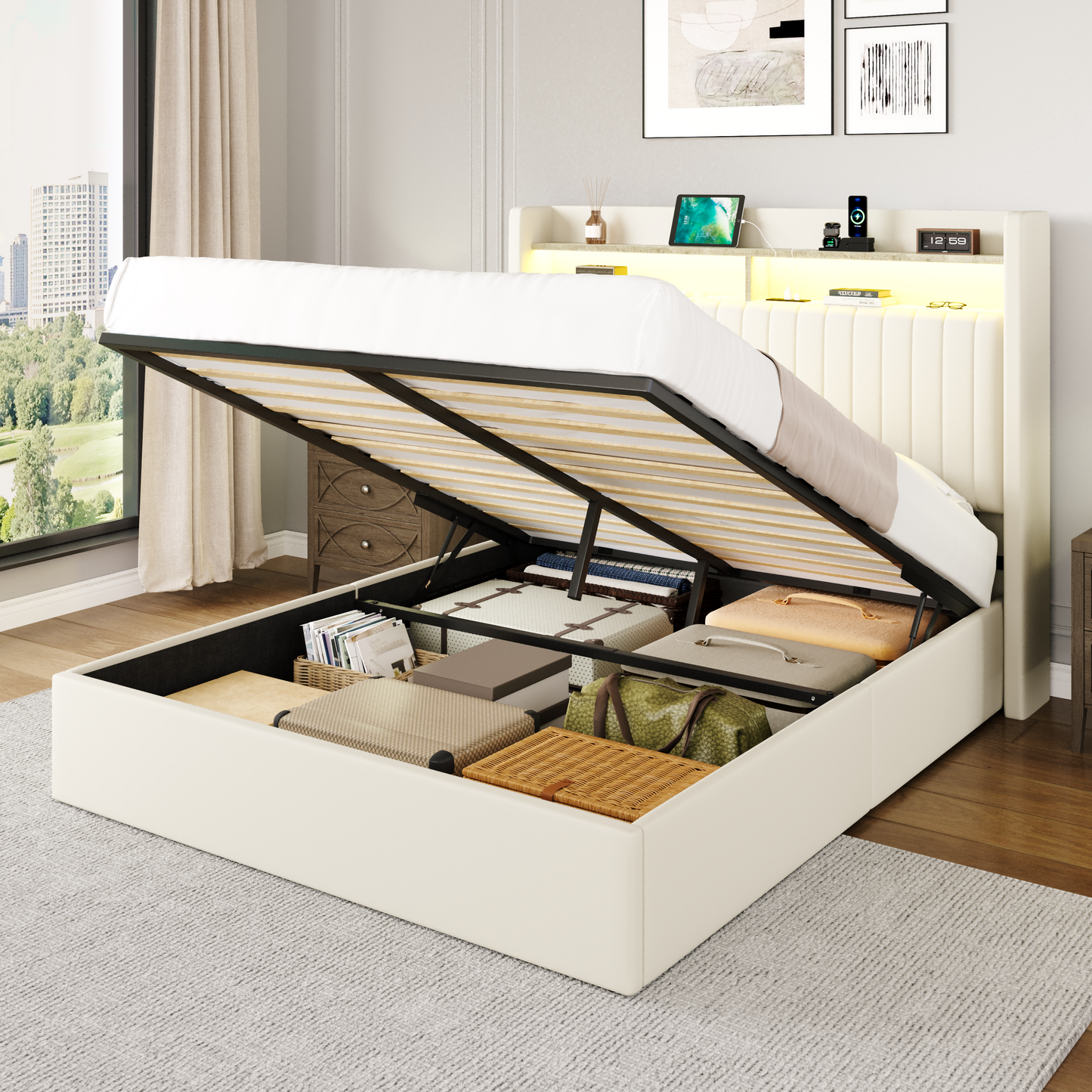 Amolife Hydraulic Lift-Up Storage Bed Frame, LED Headboard with Fast Charging (USB/Type-C), 2-Tier Shelves & Velvet Upholstered