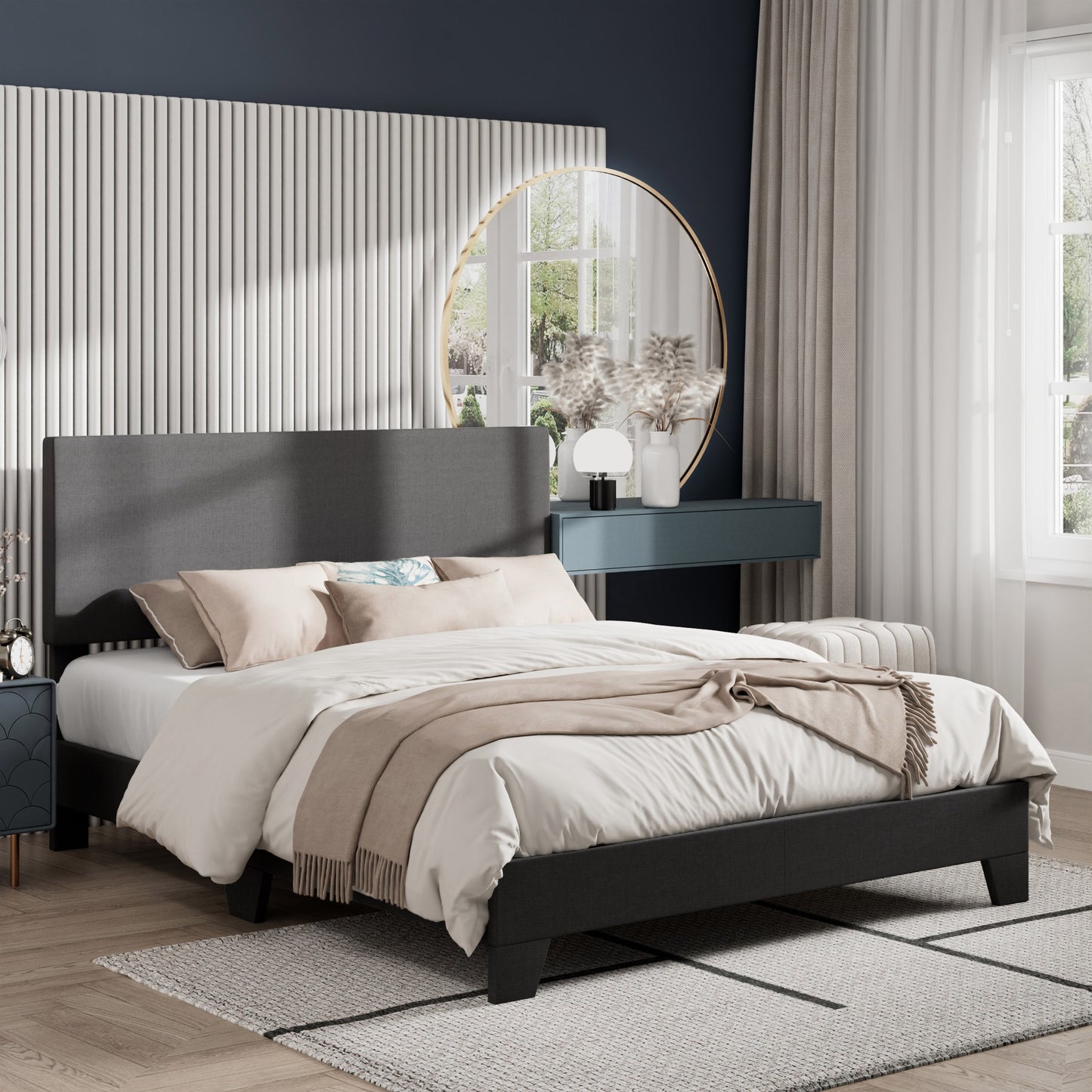 Amolife Faux Leather Platform Bed Frame with Adjustable Headboard