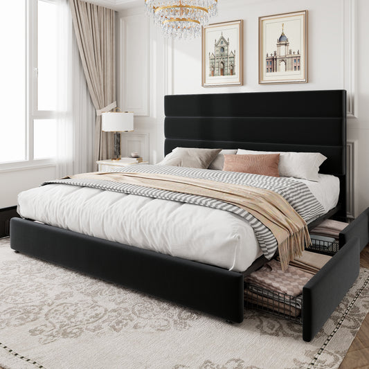 Amolife Upholstered Platform Bed Frame with 4 Storage Drawers & Velvet Slat Headboard