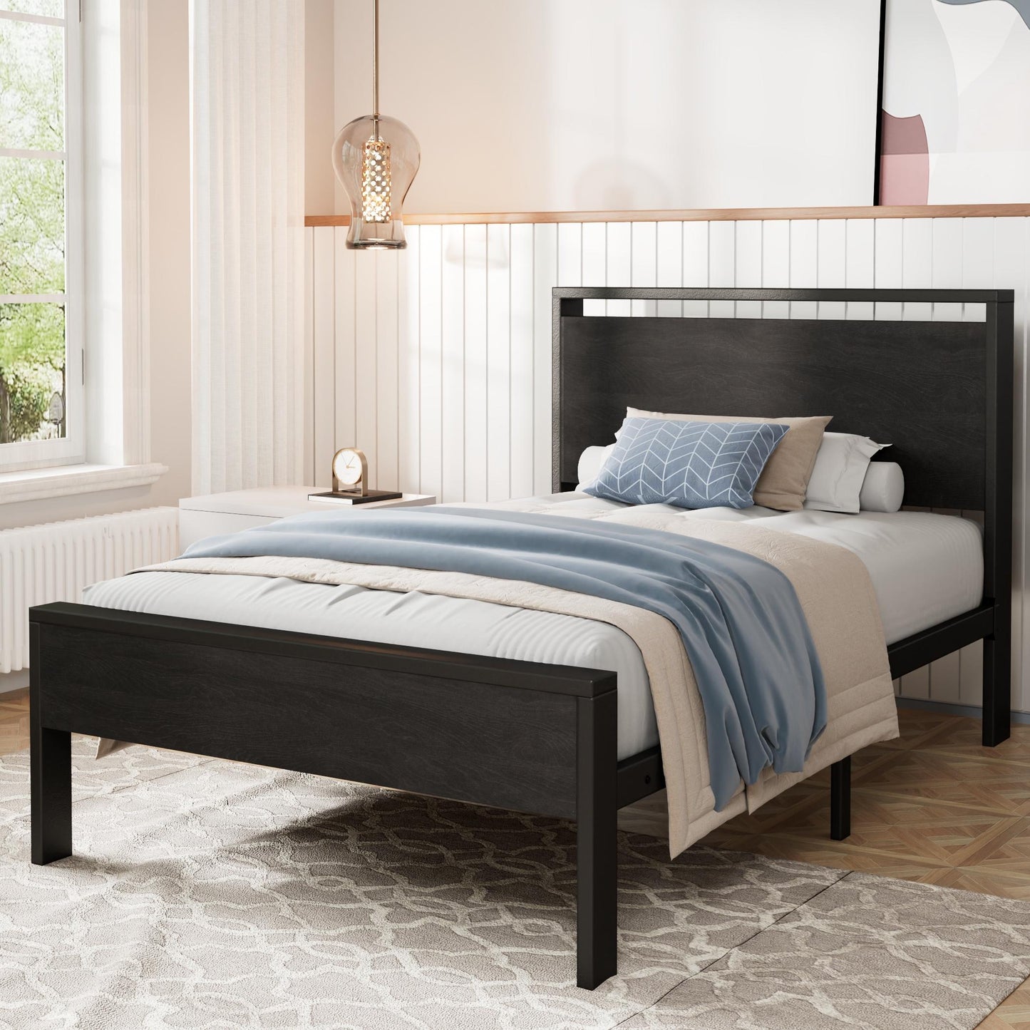 Amolife Twin Size Bed Frame, Heavy Duty Metal Platform Bed with Wooden Headboard & Footboard, No Box Spring Needed