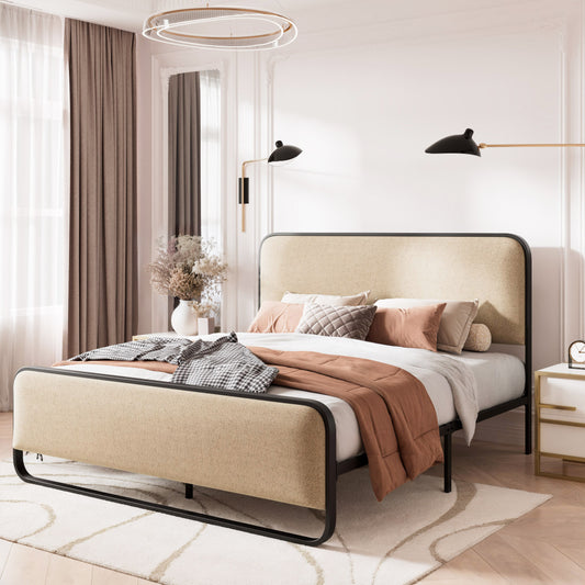 Queen Size Platform Bed Frame with Curved Upholstered Headboard and Footboard, Beige