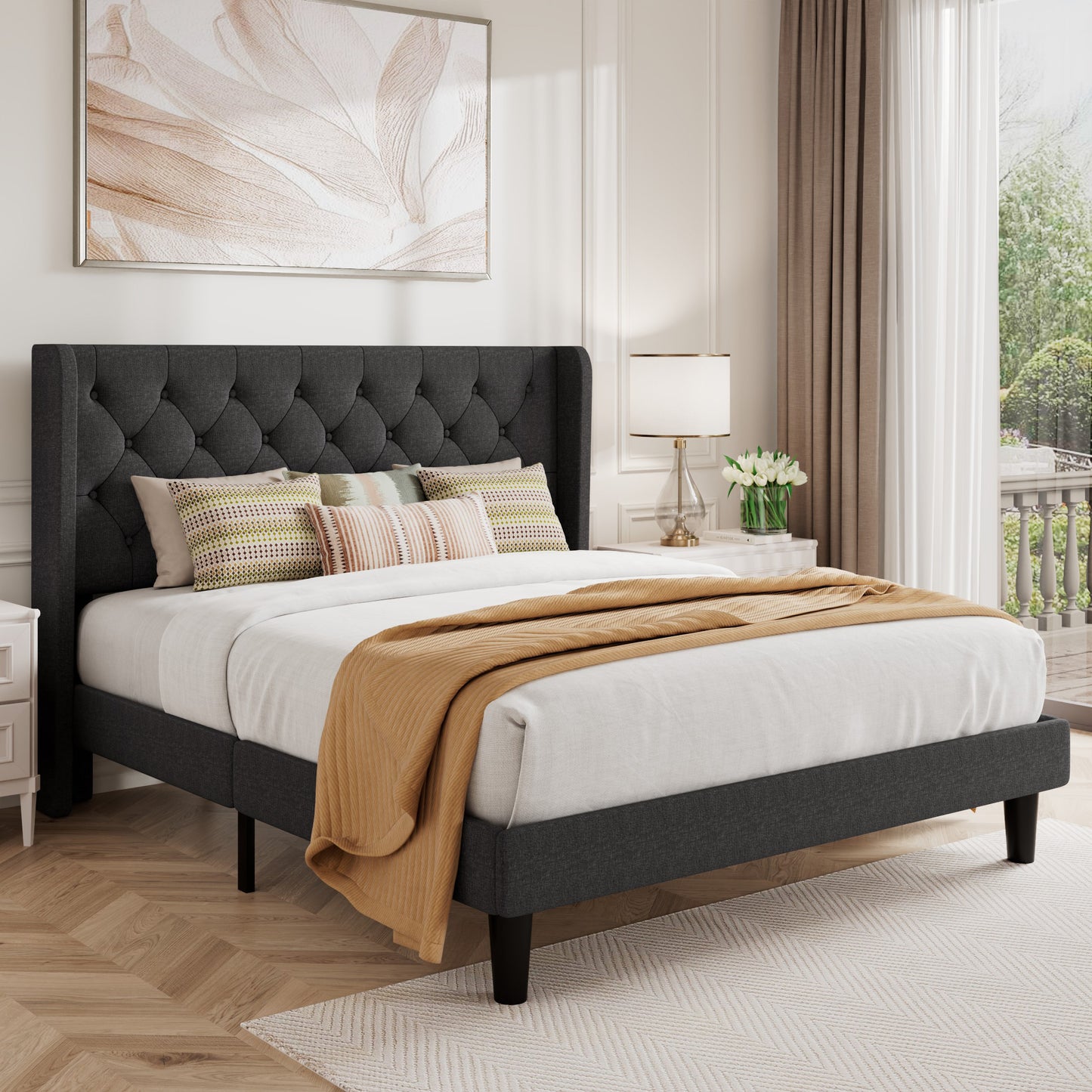 Queen Size Diamond Upholstered Platform Bed Frame with Deluxe Wing Back, Drak Gray