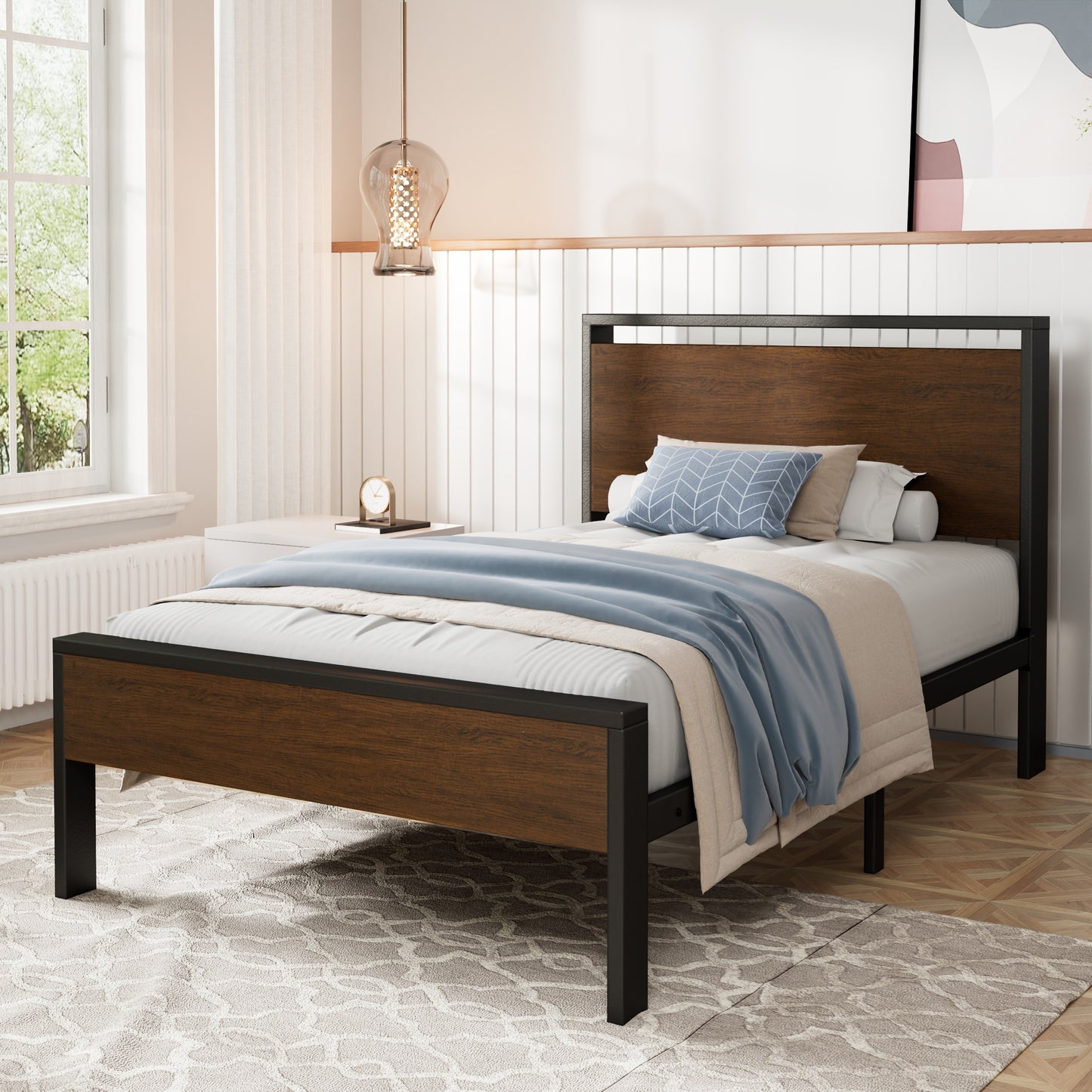 Amolife Twin Size Bed Frame, Heavy Duty Metal Platform Bed with Wooden Headboard & Footboard, No Box Spring Needed